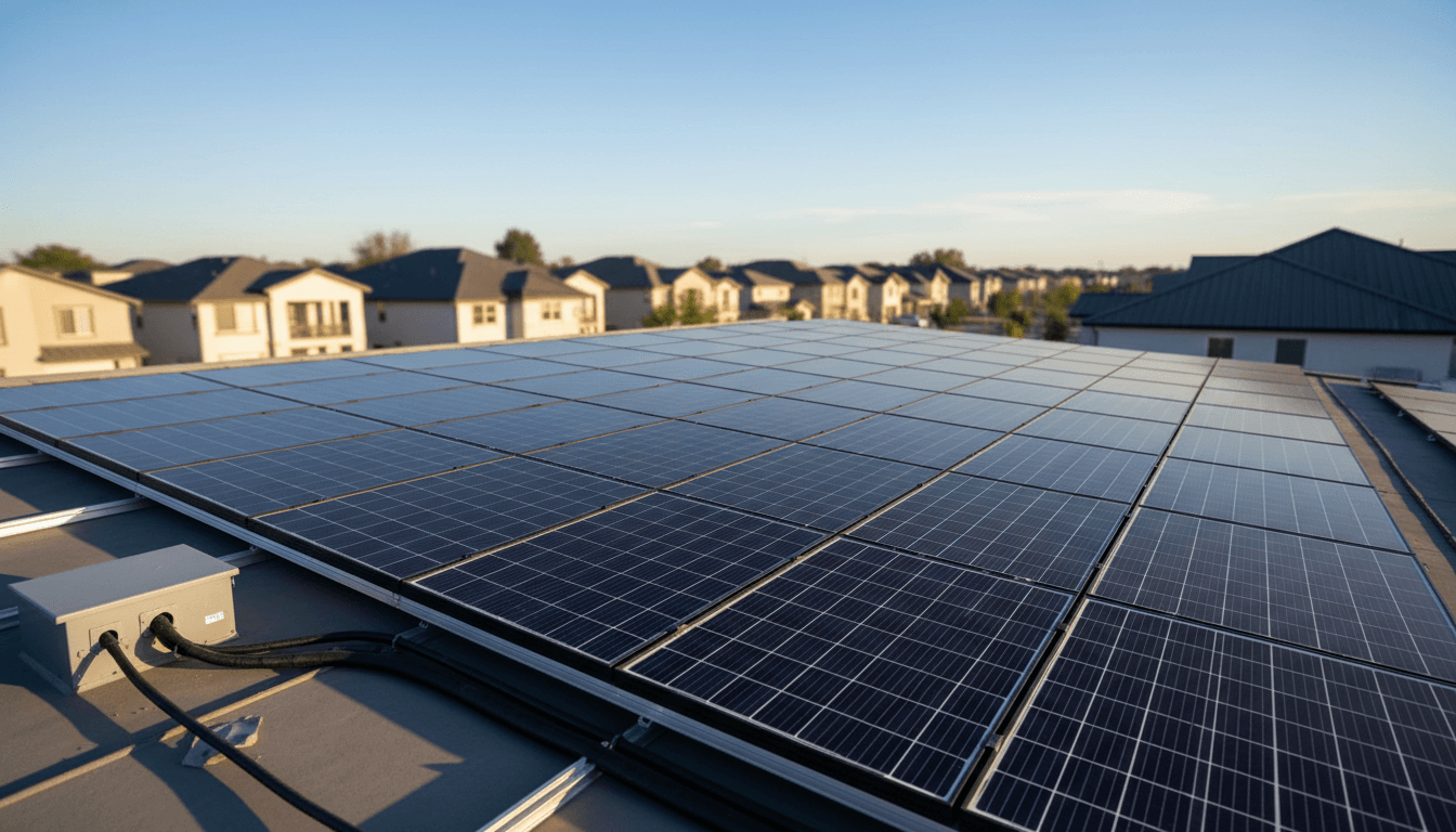 Newly installed solar panel array covering residential rooftop in bright sunlight with neighborhood visible in background Newly installed solar panel array covering residential rooftop in bright sunlight with neighborhood visible in background